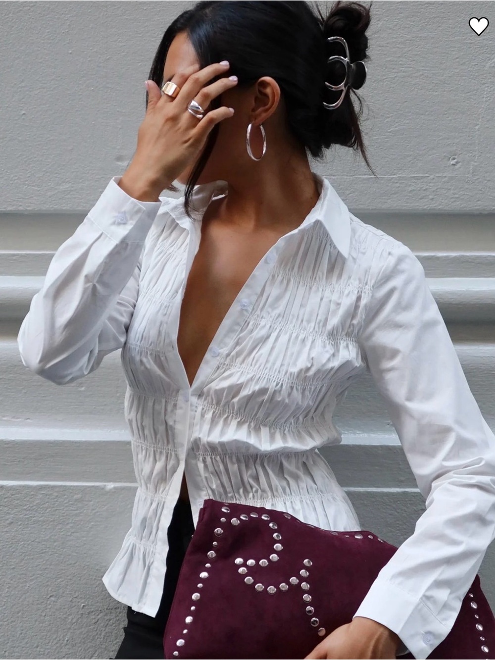 Princess Polly White Ruched Button-Down Long Sleeve Shirt Size 4